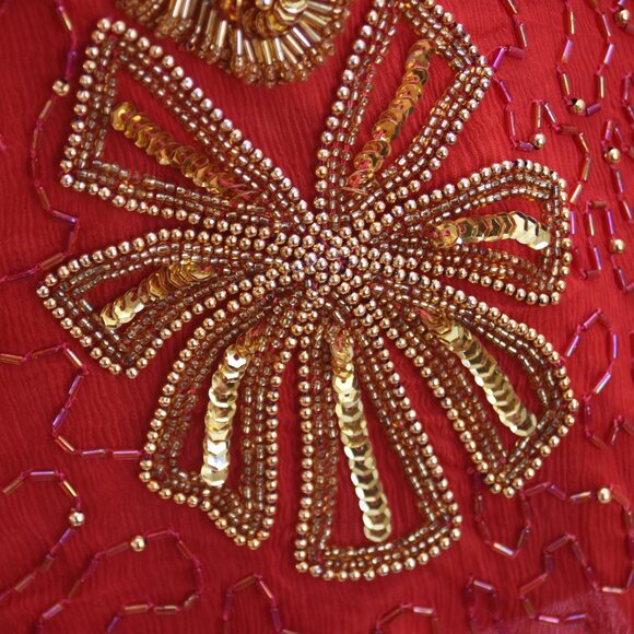 Vintage 80's Red and Gold Beaded Silk Top w/Shoulder Pads Size 12 - Picture 9 of 16